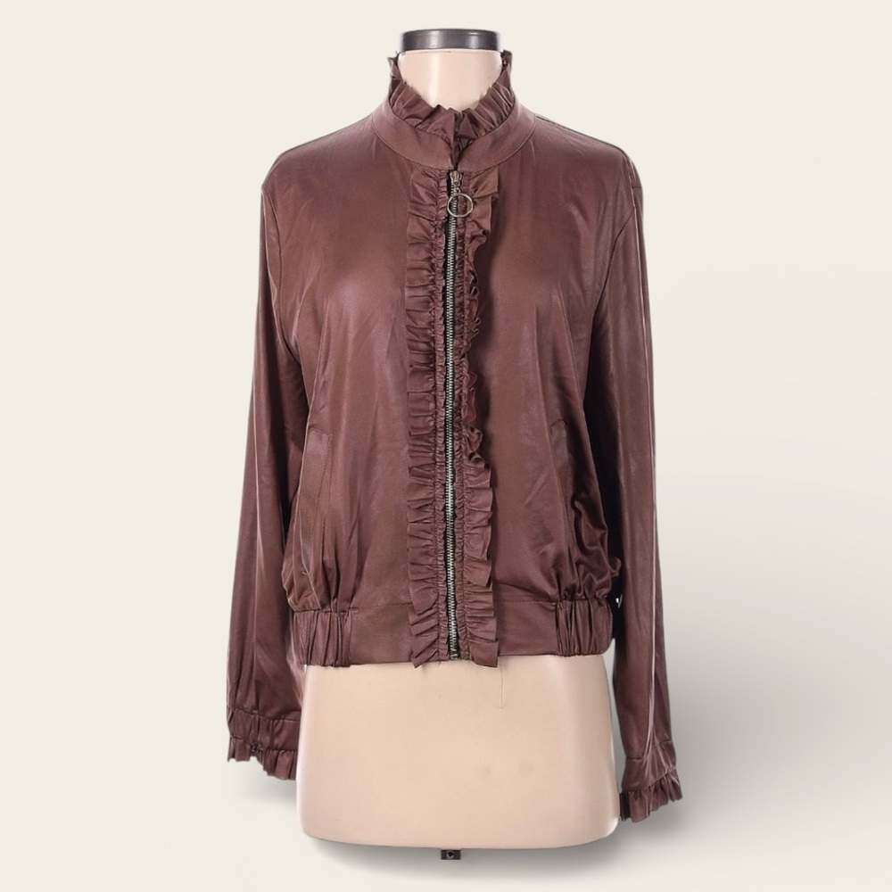 Jeff Gallano Paris Brown Ruffle Zip Jacket Y2K Made in France Size 1 Size Medium - Picture 2 of 6